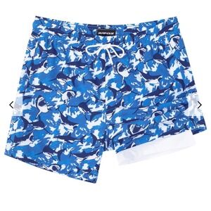 SurfCuz Mens Shark Camo Swim Trunks Shorts 2-in-1 Compression Liner Blue Small